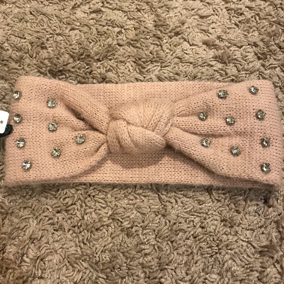 NEW Designer Bow Rhinestone Crystal Knit Soft Hair Band Headband Ear Muffs Pink - Picture 1 of 3
